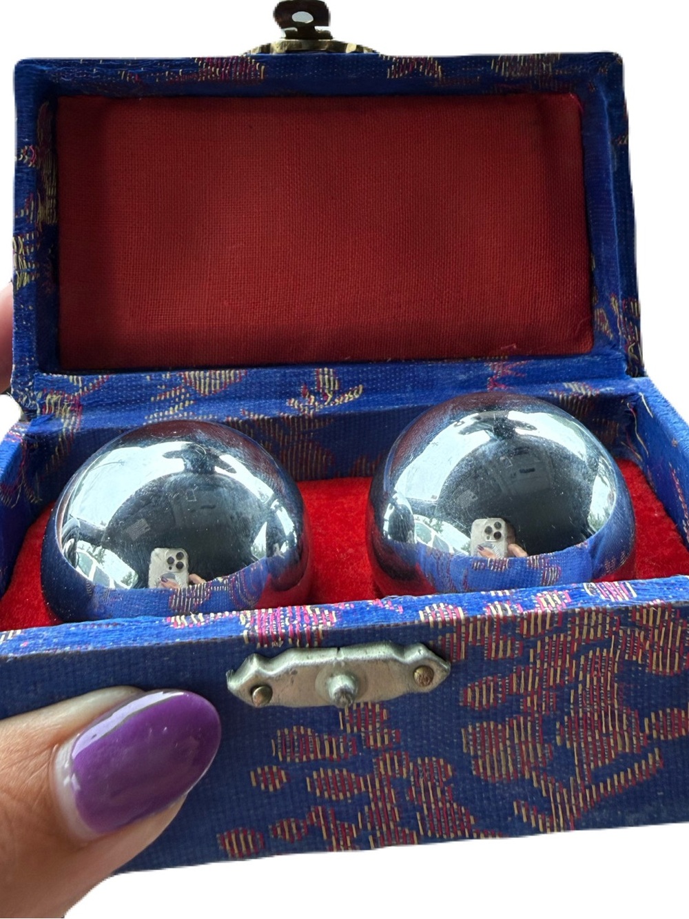 Chinese Baoding Meditation‎ Balls in Silver with Blue Silk Case